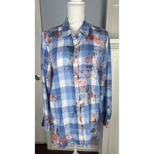 Joules Jeanne Pure Linen Shirt Women’s Size 10 Gingham Floral Button Top Blouse